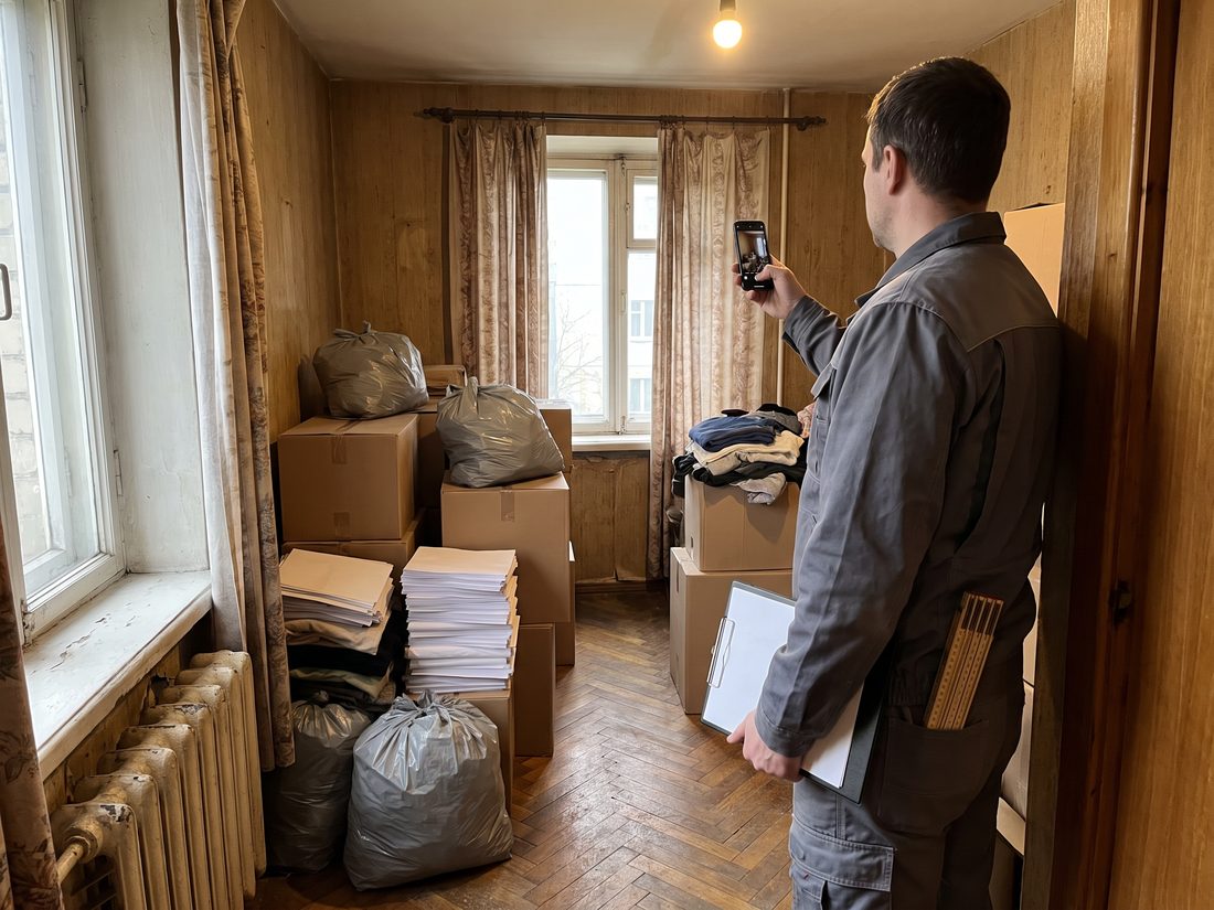 Besichtigung einer Messi Wohnung in {Stadt}: Mitarbeiter dokumentiert den vollgestellten Wohnraum