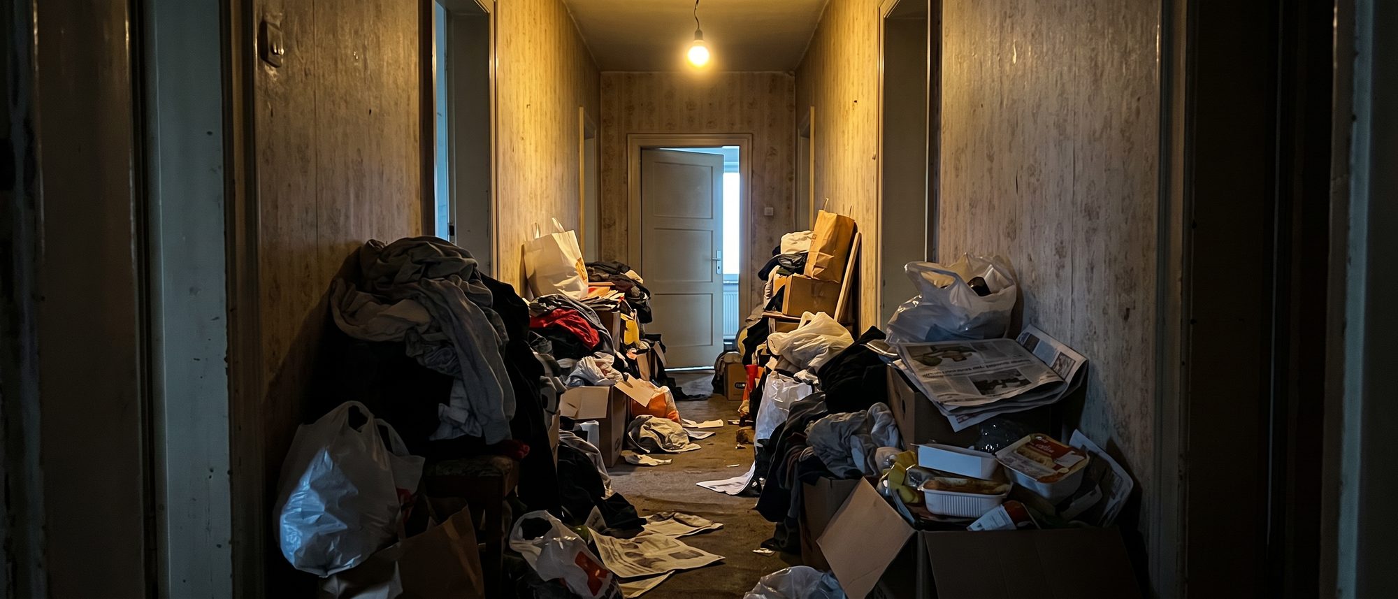 Messi Entrümpelung in {Stadt}: dunkler, vollgestellter Wohnungsflur, am Ende ein hell erleuchtetes Zimmer